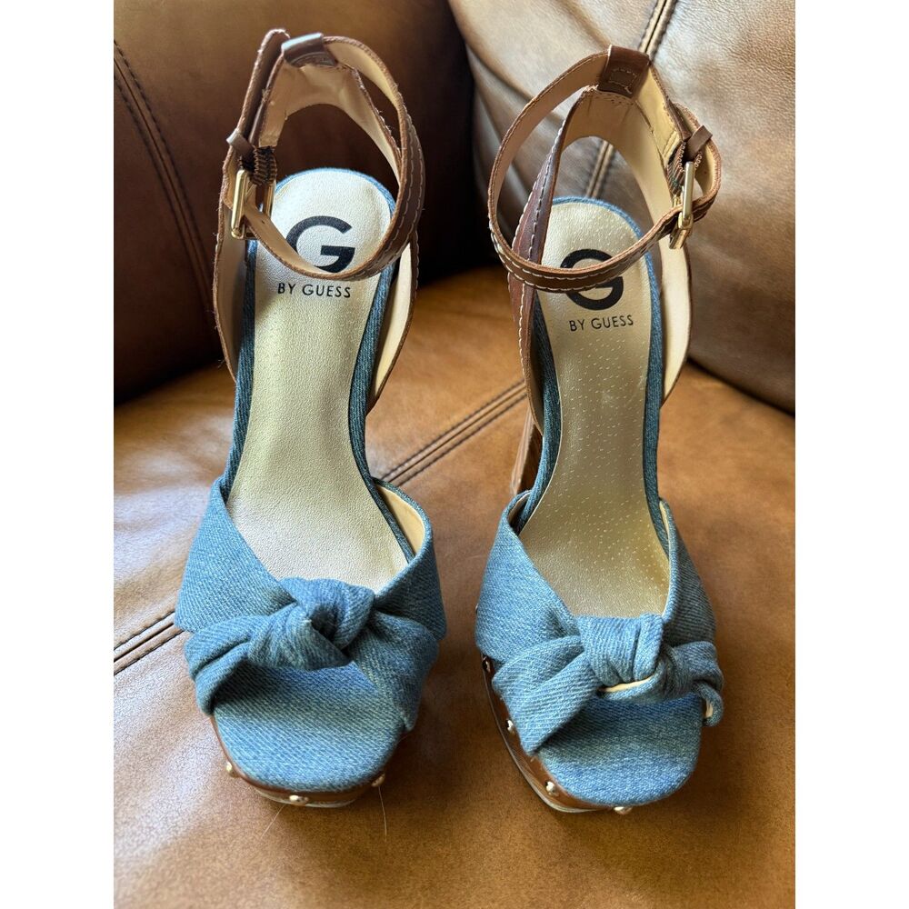 G by Guess Women's Blue Jean Peep Toe Platform Sandals Brown Straps Size 6.5